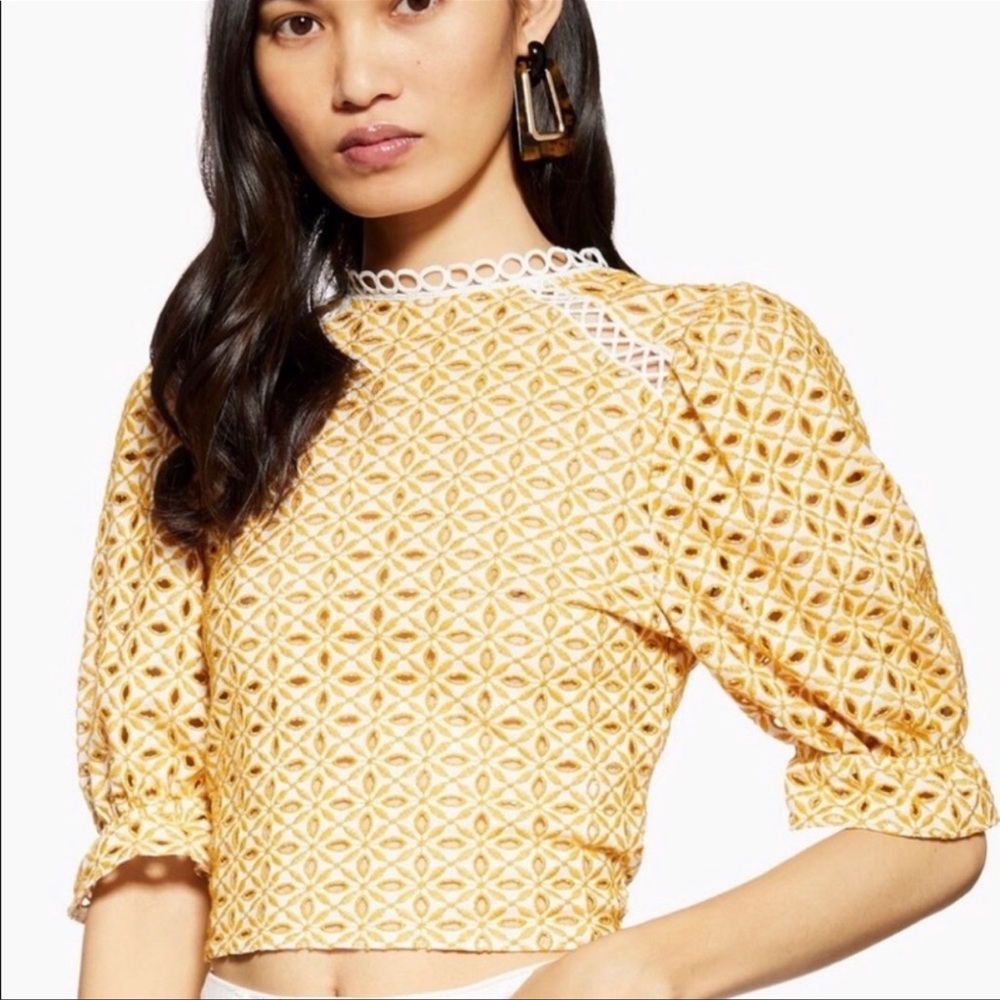 Topshop | Mustard Yellow & White Eyelet Top w/ Tie | Open-Back | Size 8